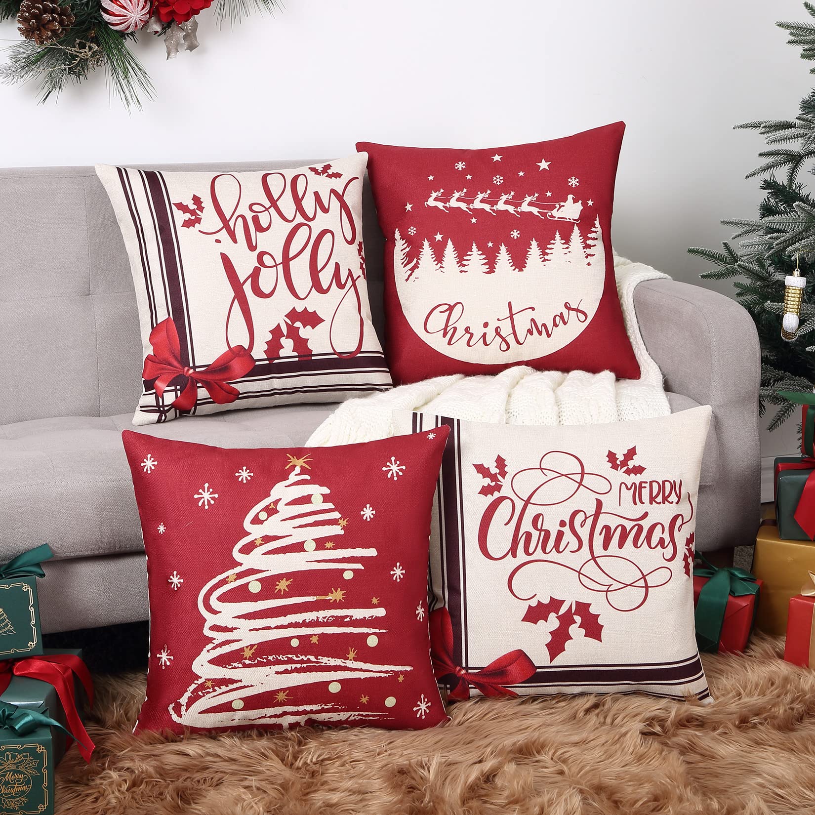 LuxFocus Christmas Cushion Cover, Faux Linen Red Decorative Christmas Tree Throw Pillow Case Cushion for Sofa Living Room Bed Couch Car Square Pillowcase, 18 x 18 Inch Bow Tie