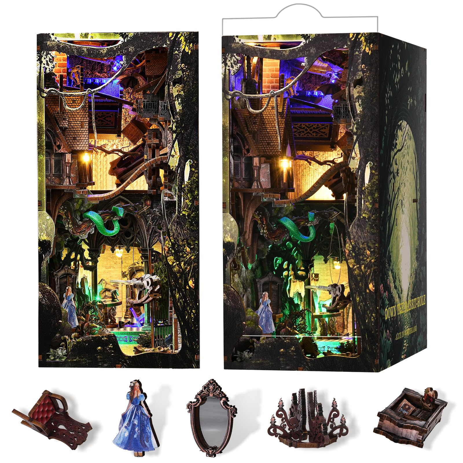 MiniCity Book Nook Kit, DIY Dollhouse Booknook, Miniature Kit for Bookshelf Insert Decor Crafts for Adults Teen Halloween, 3D Wooden Puzzle with Led Light (Down The Rabbit-Hole Alice in Wonderland)