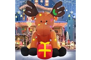 AOTIOOY 8 FT Christmas Inflatable Outdoor Decorations, Giant String Lights Reindeer Blow up Yard Decor with Red Gift Box, 26 LED Lights Xmas Holiday Decorations for Outside Lawn Garden Indoor