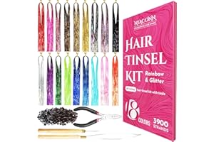 NIACONN Glitter Hair Tinsel Extensions Kit 18 Colors with Tools and Beads, 48 Inch Sparkly Fairy Colorful Tensile Strands Shiny Hair Accessories for Women Girls Kids