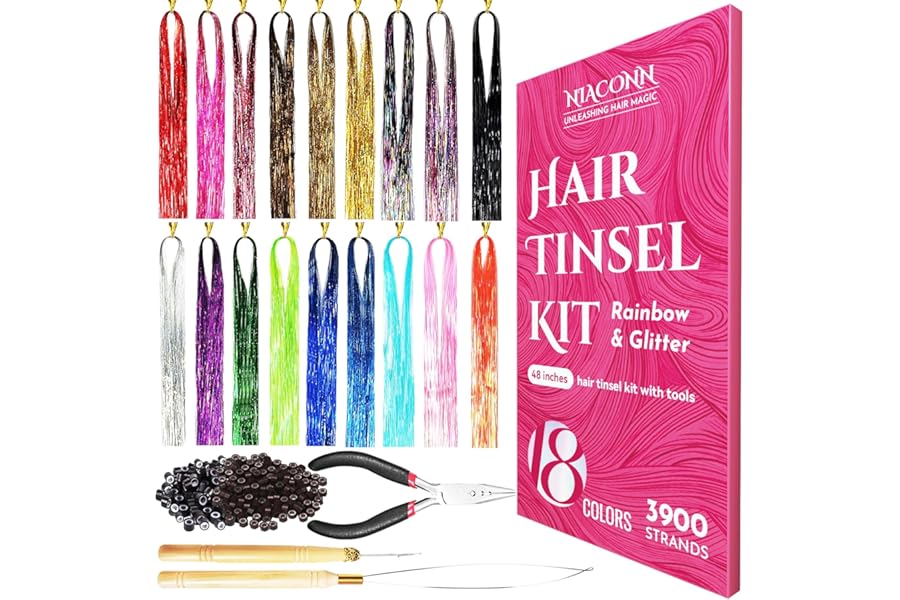 NIACONN Glitter Hair Tinsel Extensions Kit 18 Colors with Tools and Beads, 48 Inch Sparkly Fairy Colorful Tensile Strands Shiny Hair Accessories for Women Girls Kids