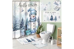 Teenyyou 4 Pcs Christmas Shower Curtains Set with Non Slip Rug Winter Christmas Bathroom Decor Toilet Lid Cover and Bath Mat Snowman Shower Curtain with 12 Hooks for Xmas Bathroom Decor(White,Fresh)