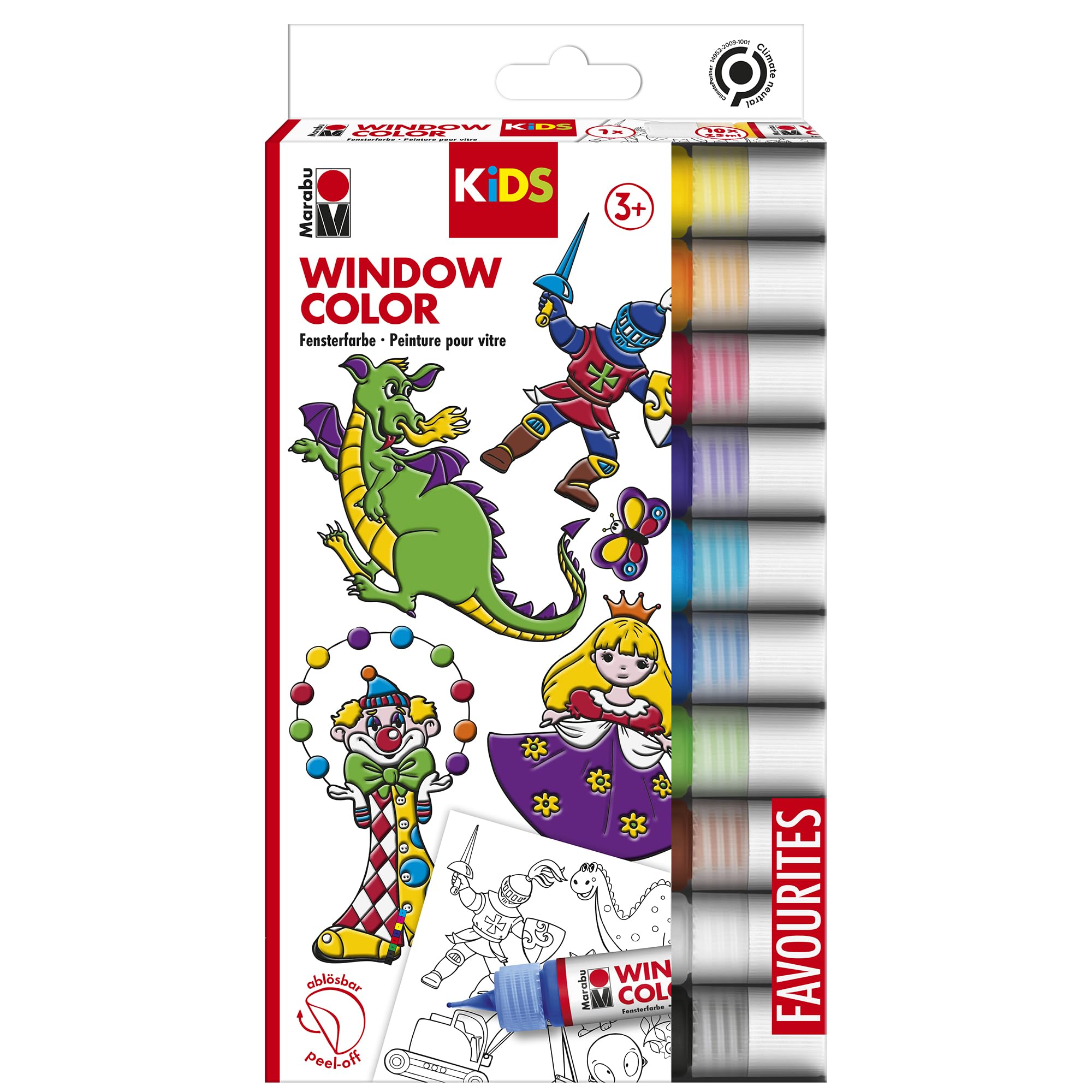 Marabu 0306000000100 - Kids Window Colour Set with 10 x 25 ml Paint and Painting Template A4 with 18 Designs, Water-Based Window Paint, Suitable for Glass, Mirrors, Tiles and Film