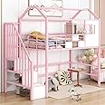 SOFTSEA Twin Size House Loft Bed with Stairs for Kids, Heavu Duty Twin Loft Bed Frame with Roof and a Storage Box, No Noise, Pink
