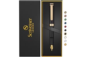 Scriveiner Luxury EDC Fountain Pen (Medium), Stunning Luxury Black Pocket Pen, Real Gold Plating, Schmidt Gilded Nib, Converter, Best Writing Gift Set for Men & Women, Nice Fancy Office Designer Pen