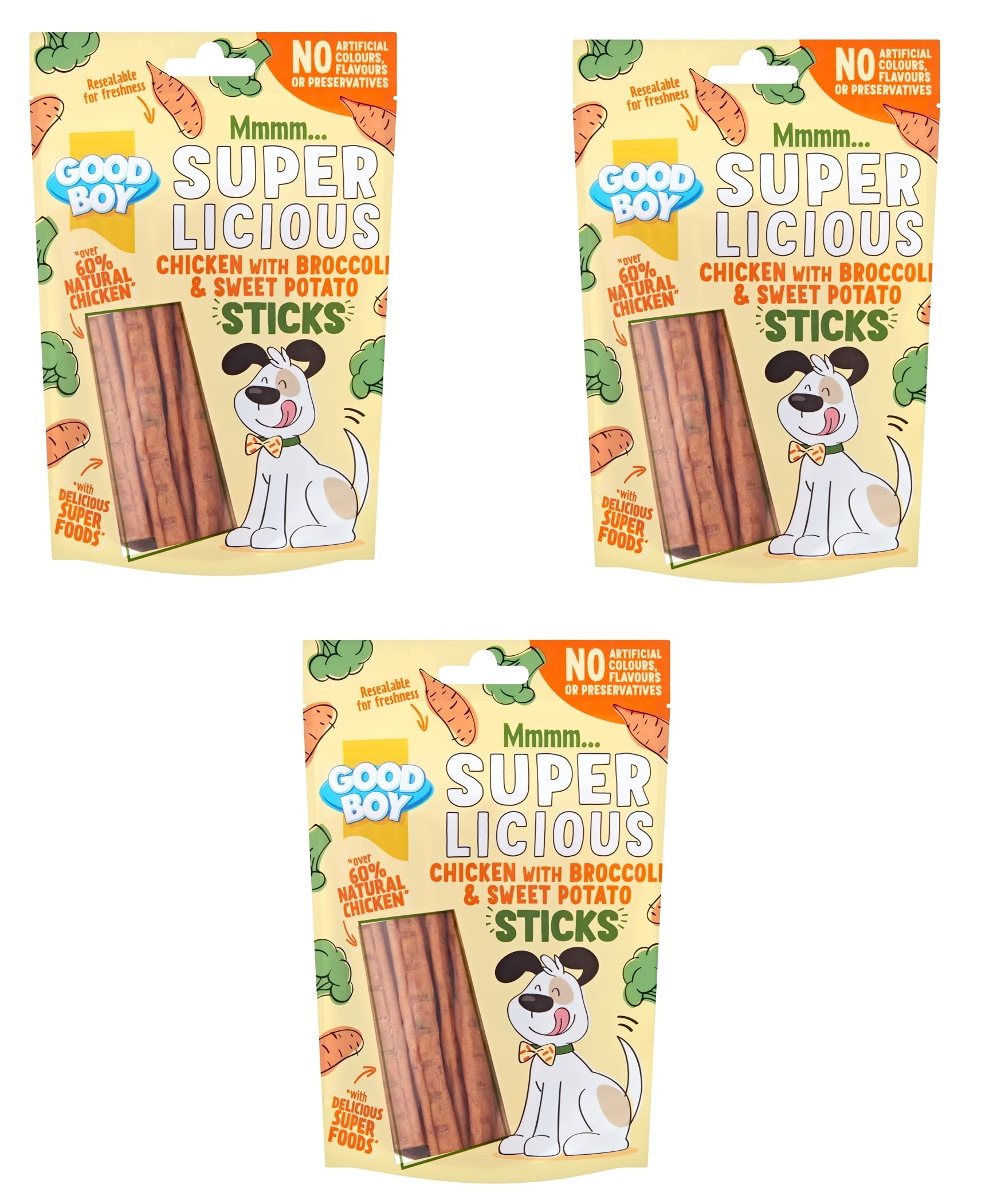 GoodBoy Super Licious Natural Dog Puppy Treat Soft Chew Sticks - Chicken With Apple & Cranberry, Broccoli & Sweet Potato, 100g (3 Pack)