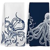 XNXLDYLH Coastal Octopus Beach Decor Dish Hand Tea Towels for Bathroom Kitchen, Octopus Ocean Nautical Beachy Bathroom Decor, Coastal Nautical Kitchen Towels and Dishcloths Sets of 2, 16x24 Inches
