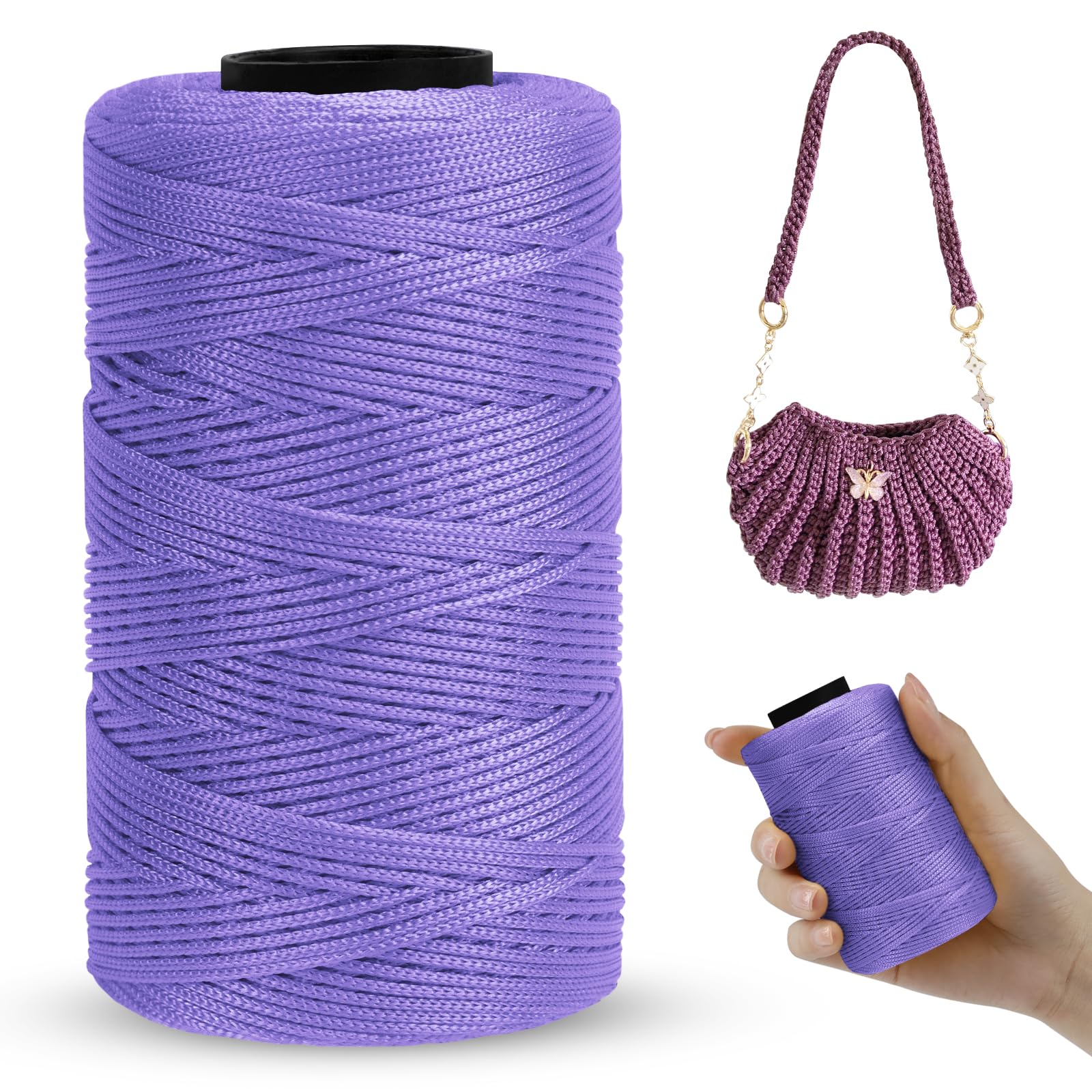 LEREATI Polyester Macrame Cord 1mm x 230m, Polyester Yarn for Crocheting, Braided Polypropylene Crochet Bag Cord Macrame Yarn for Handbag, Beading, DIY Crafts (Light Purple)