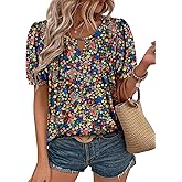 KISSMODA Women's Short Sleeve V Neck Floral Tunic Top
