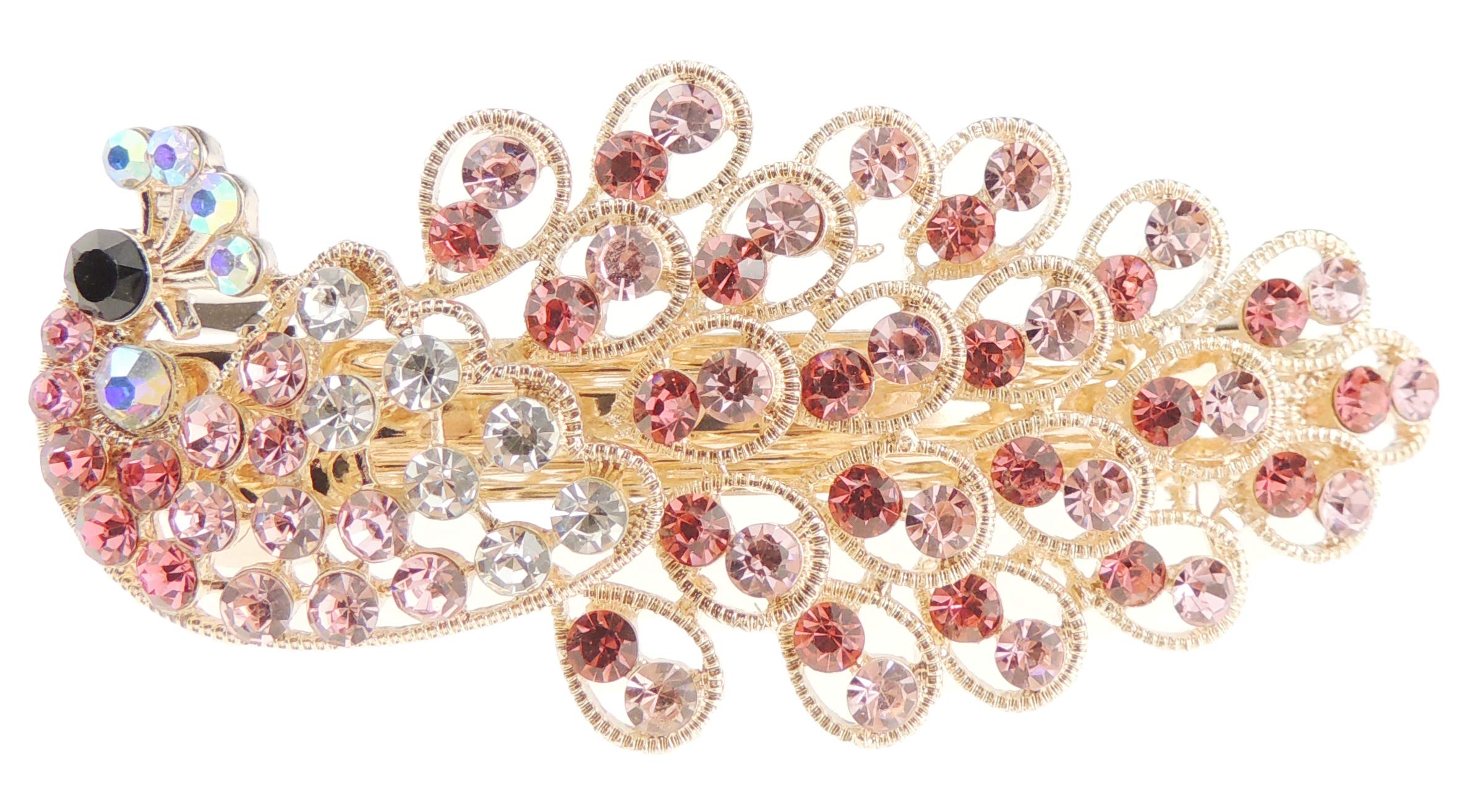 Sparkly Womens Girls Crystal Rhinestone Diamante Wedding Bridal Party Evening Ponytail Fine Hair Accessories Occasion Barrette Hairpin Grip French Metal Spring Clip Peacock Bird Gold Tone (Pink)