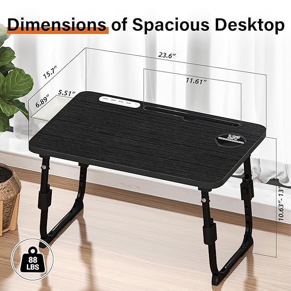 DECOSIS LAPTOP DESK FOR BED HEIGHT ADJUSTABLE, LAP BED TABLE WITH USB/STORAGE DRAWER/CUP HOLDER/TABLET STAND/BOOK SHELF, FOLDABLE BREAKFAST TRAY PORTABLE FOR READING WRITING, SOFA & FLOOR, BLACK