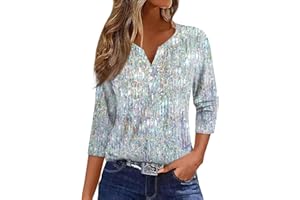 KENVINA Spring Tops for Women 2024 3/4 Length Sleeve Button V- Neck Shirt Vintage Printed Tunic Top Casual Dressy Blouses