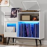 MULEJYBO Large White Record Player Stand with Sliding Door,350 Vinyl Record Storage Cabinet, Record Player Table with Power Outlet and LED Light,Turntable Stand with Wood Legs for Living Room,Office