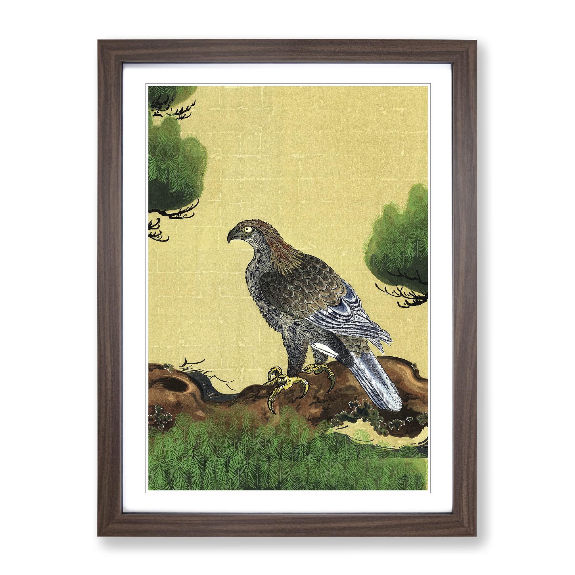 Pine Tree & Eagle By Kano Tan'Yu Asian Japanese Framed Wall Art Print, Ready to Hang Picture for Living Room Bedroom Home Office Décor, Walnut A4 (34 x 25 cm)