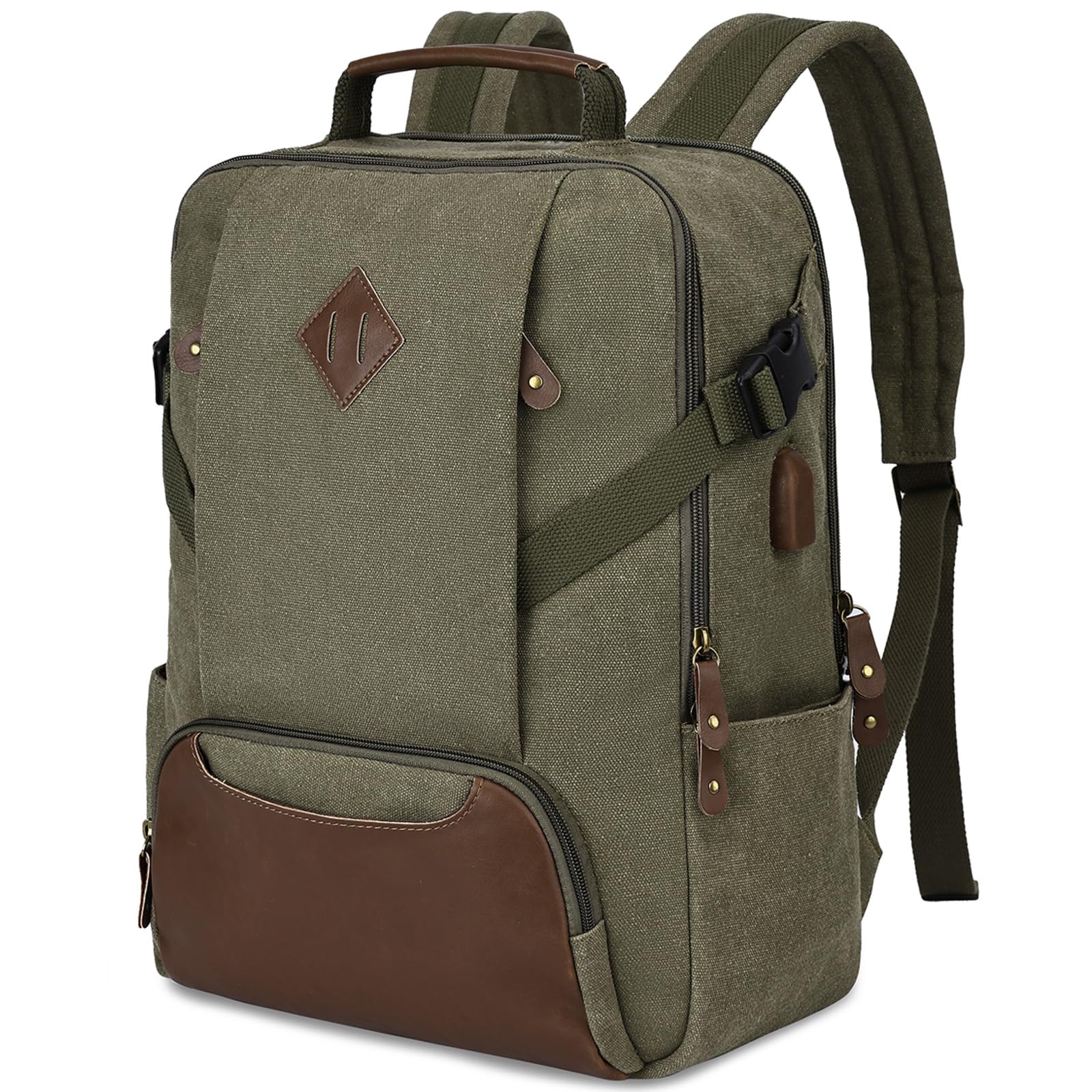 Laptop Backpack for Men, Kasgo Water-resistant Anti-theft Vintage Canvas School Backpack for 15.6 inch Laptop with USB Charging Port Travel Rucksack Casual Daypack for Work,College,Teenager Army Green
