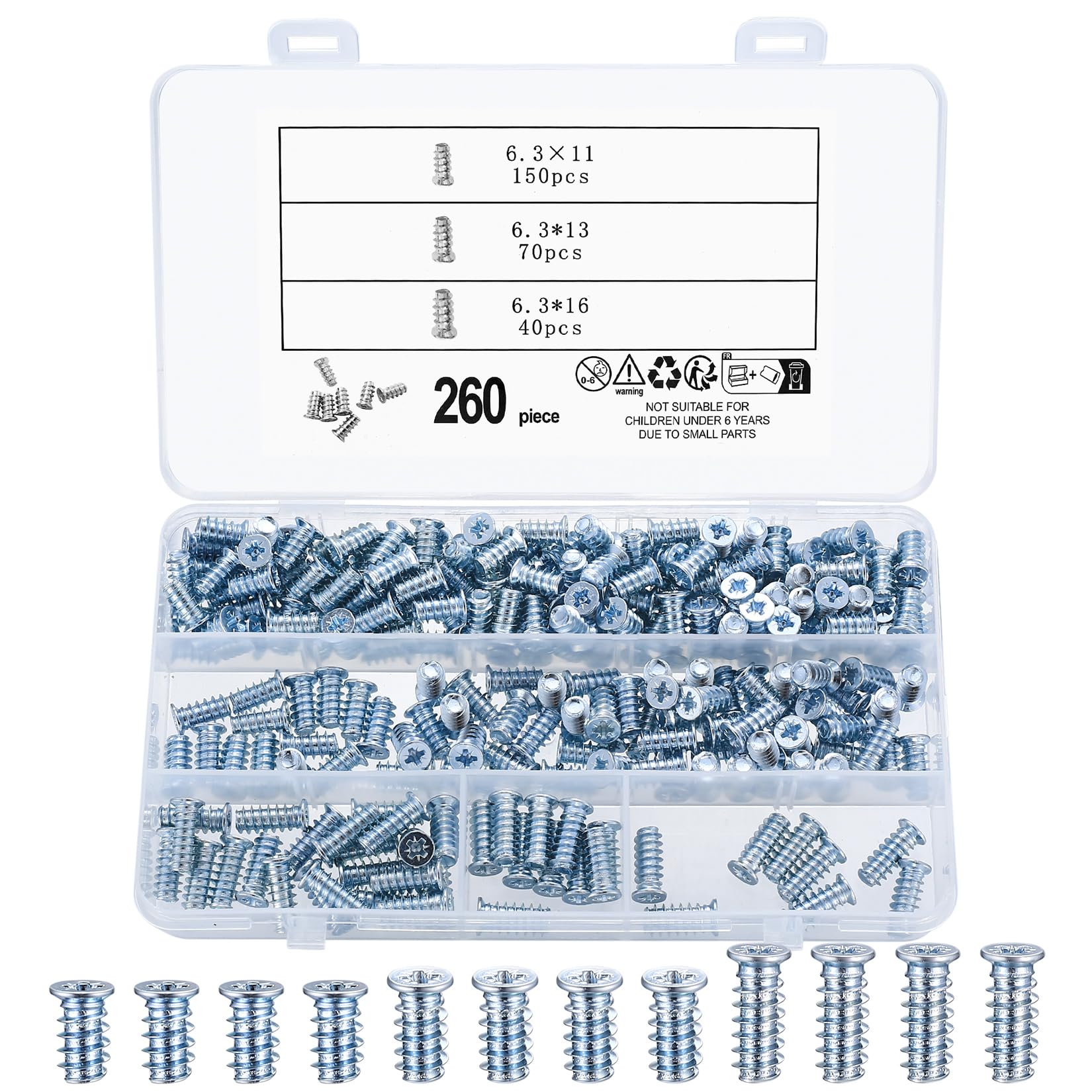 260 Pcs Euro Screws for Hinges Screws, Flat Head Countersunk Screw for Draw Runner Kitchen Cabinet Door Wardrobe Screw, 6.3mm x 11mm, 6.3mm x 13mm, 6.3mm x 16mm