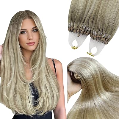 YoungSee Microring Extensions Echthaar Ombre 45cm Microring Hair Extensions 1g/s Micro Loop Extensions Echthaar Aschblond mit Platinblond Micro Beads Hair Extensions fur Frauen 50g 18/60A/60