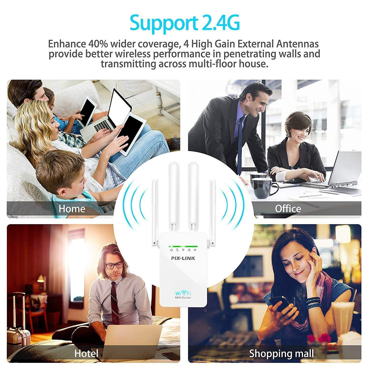 KeepTpeeK WiFi Repeater WiFi Range Extender 300Mbps 2.4GHz Signal Internet Extender Amplifier WiFi Booster with Four Antennas