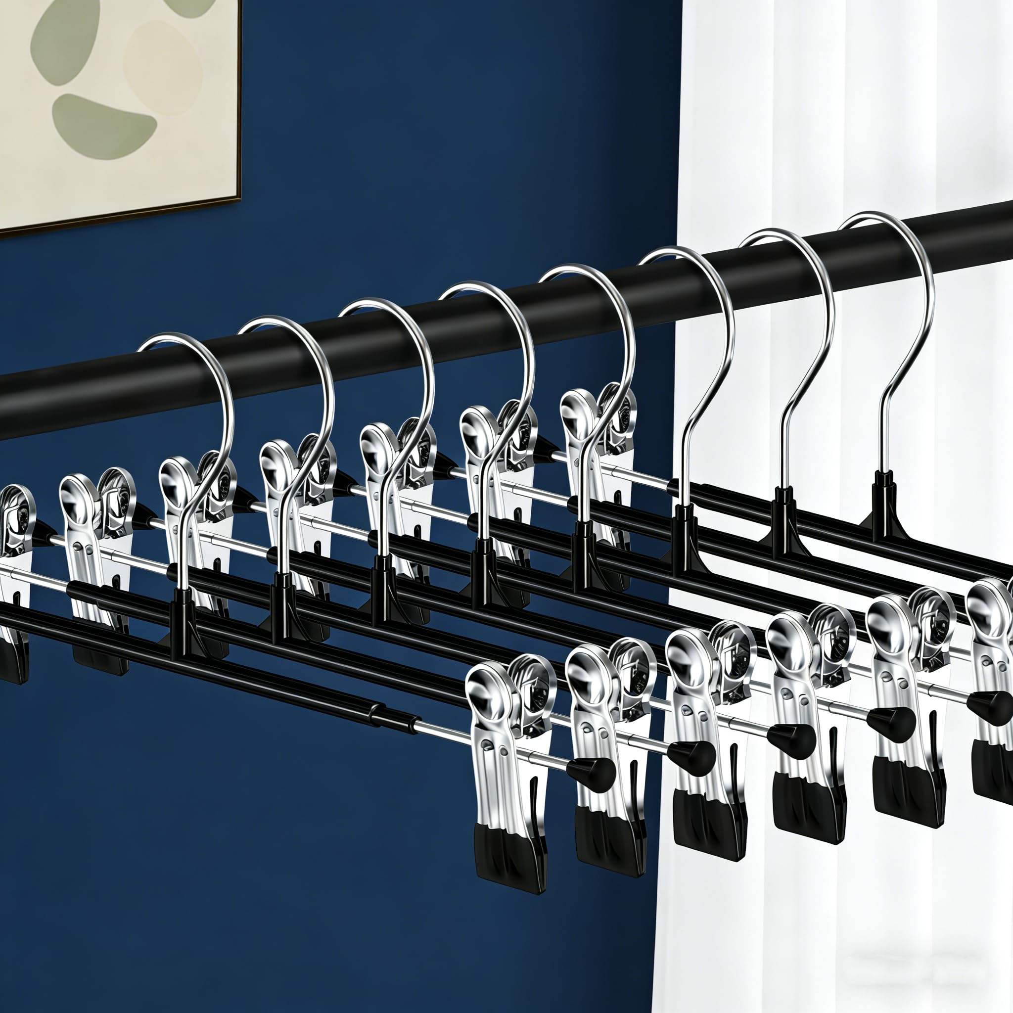 Niulab Trouser Hangers -10Pack Skirt Hangers with Clips Heavy Duty Chrome Coat Hangers for Trousers- Space Saving Pants Hangers (Black)