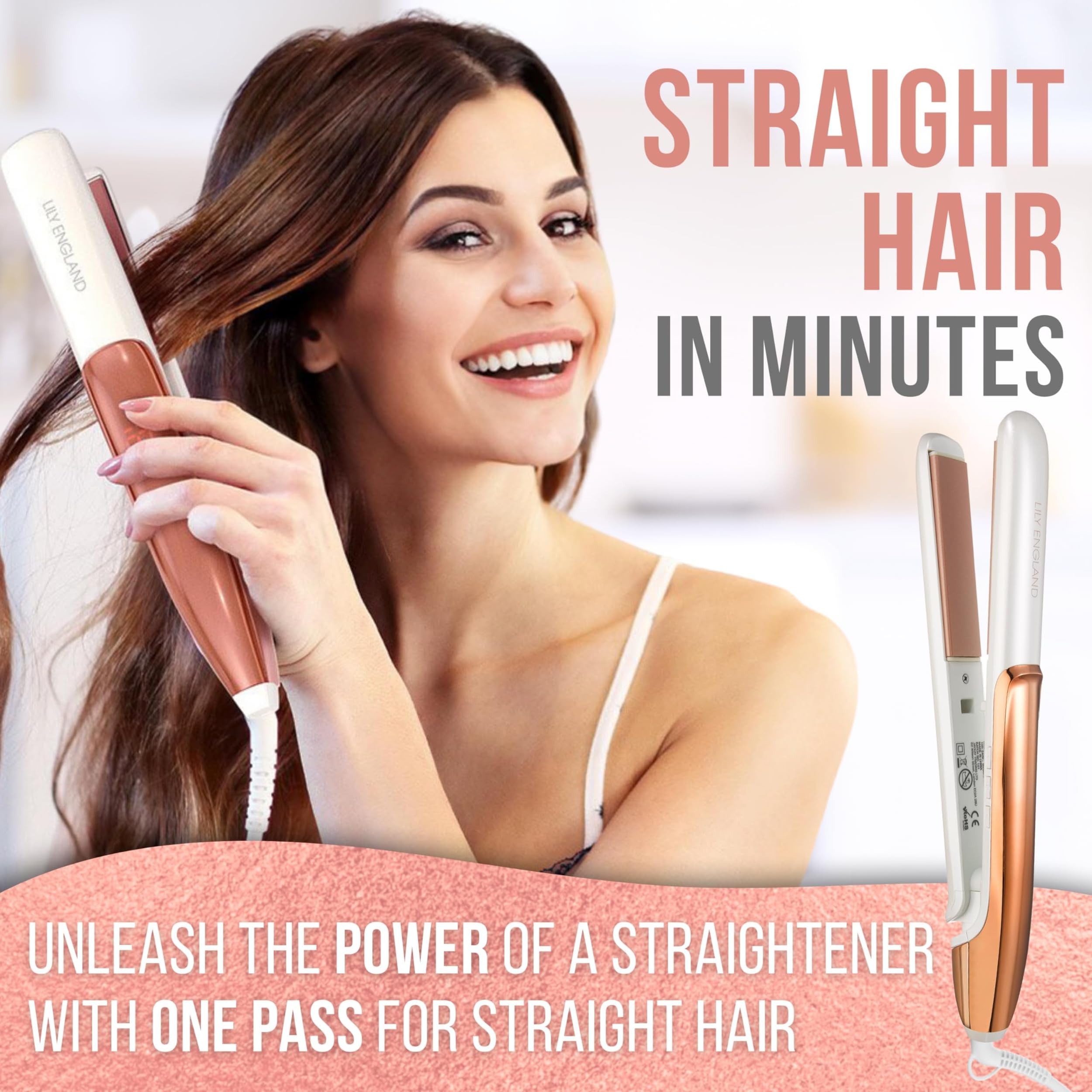 Lily England Hair Straightener and Curler, Adjustable Temperature, Dual Voltage 1 Inch Ceramic Rose Gold Flat Iron, Hair Straightener Curling Iron in One