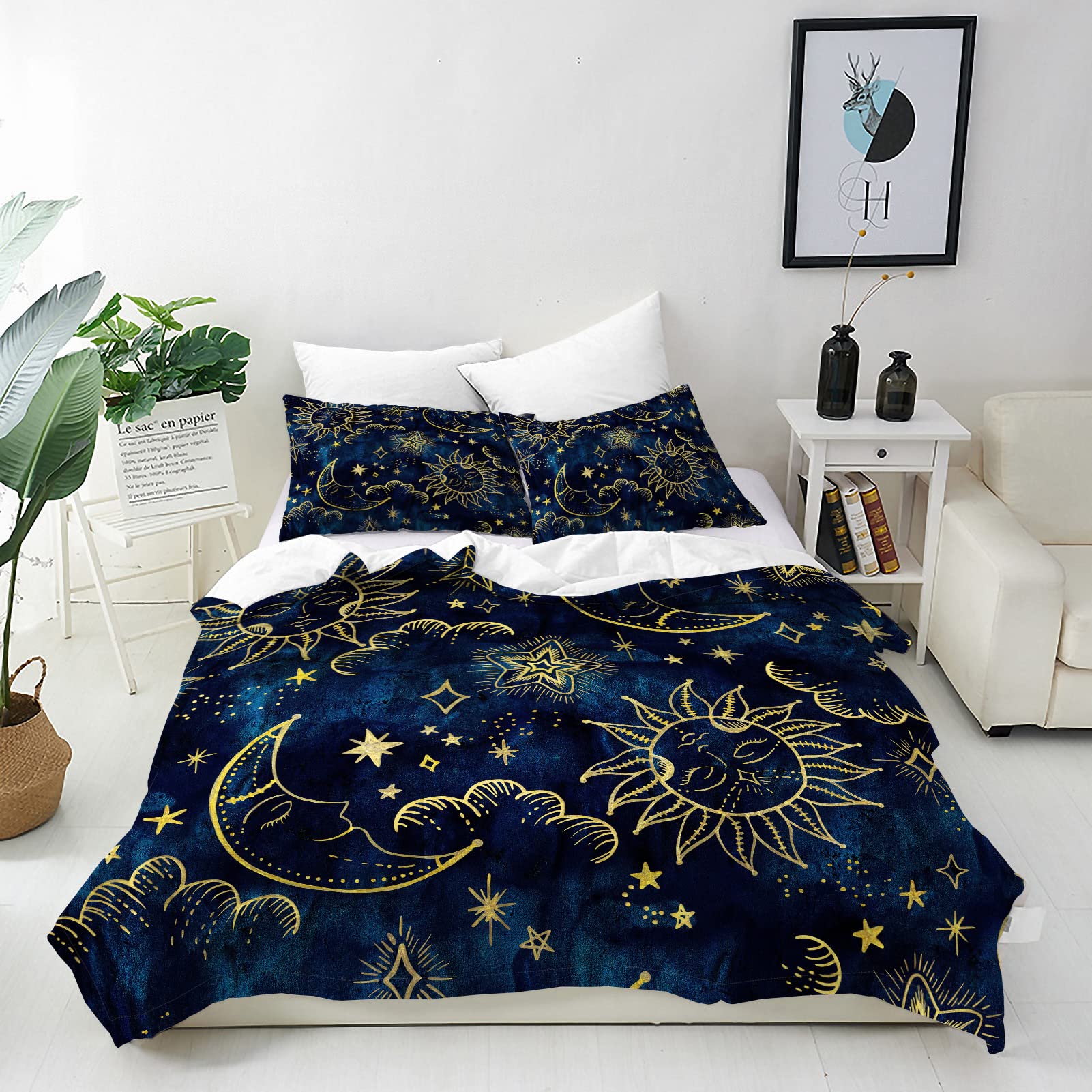 ANHOPE Astrology Duvet Cover Set Soft Comforter Cover Sun Moon Stars Print Pattern 3 Piece Bedding Set with Pillowcase All Season Decor Quilt Cover with Zipper for Kids Adults Single Size