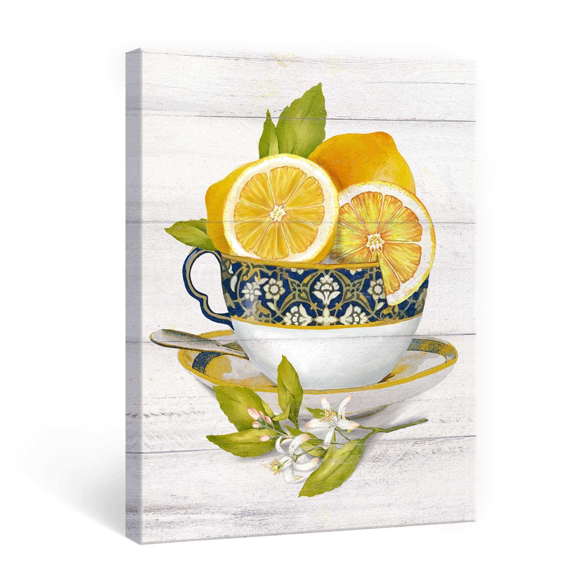 SUMGAR Yellow Canvas Wall Art Lemon Slice Modern Kitchen Pictures Mosaic Cup Rustic Pictures English Style Afternoon Tea Prints Framed Painting, 30x40 cm