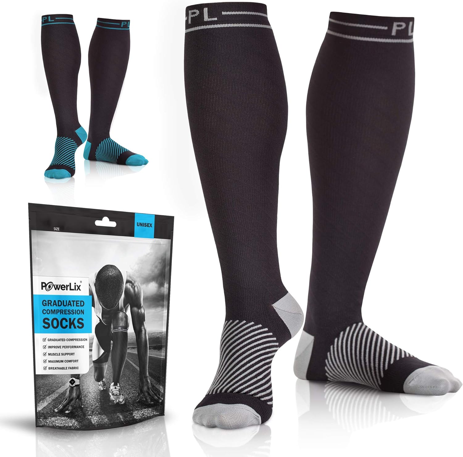 POWERLIX Compression Socks for Women & Men (Pair) 20-30 mmHg - Medical Knee High for Circulation, Swelling, Foot Pain - Support Stockings for Pregnancy, Running, Sports, Nurse, Work, Travel, Gym