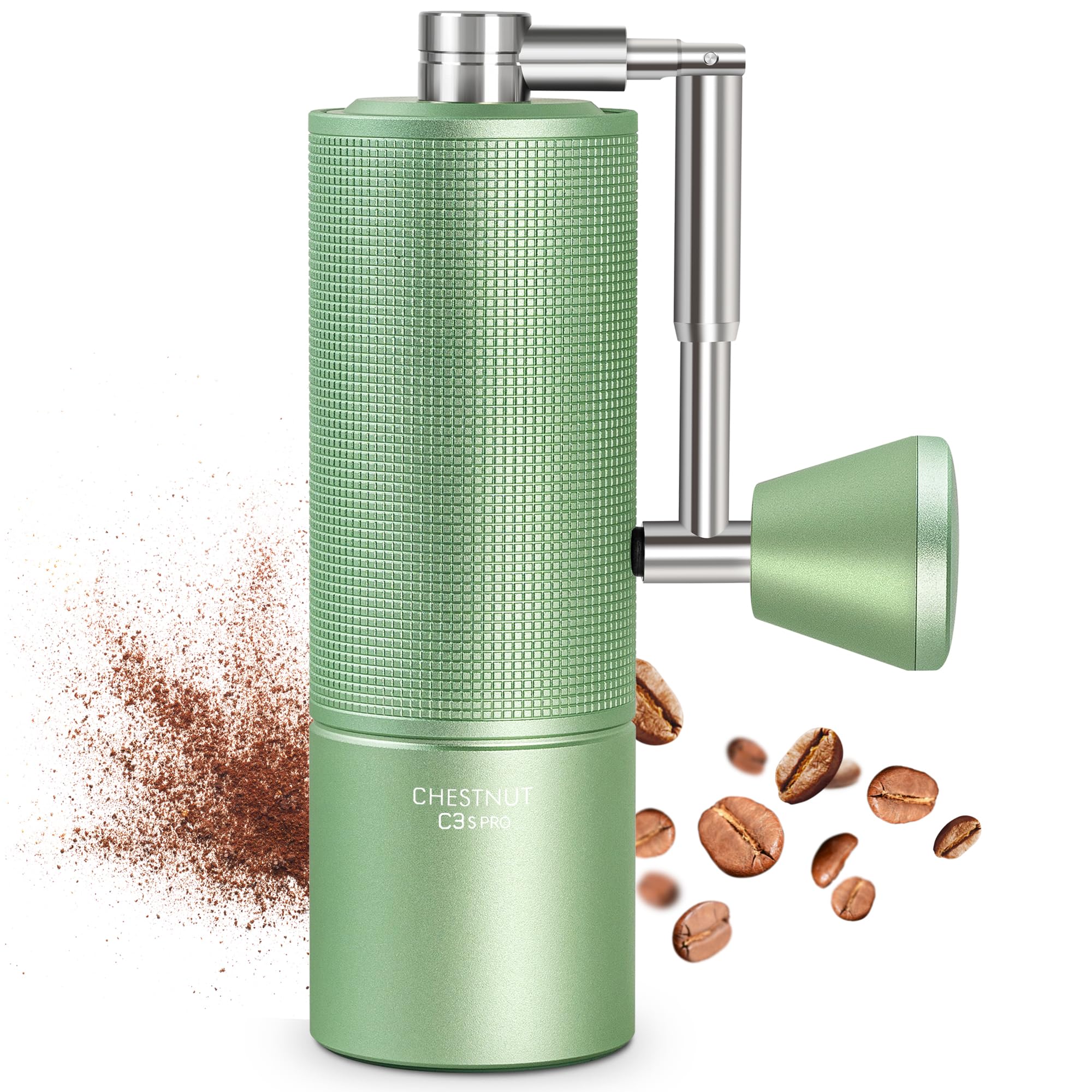 Manual Coffee Grinder Chestnut C3s PRO, All-Metal Coffee Grinder, Folding Handle, Stainless Steel S2C Conical Burr, Adjustable Grind Setting -Green