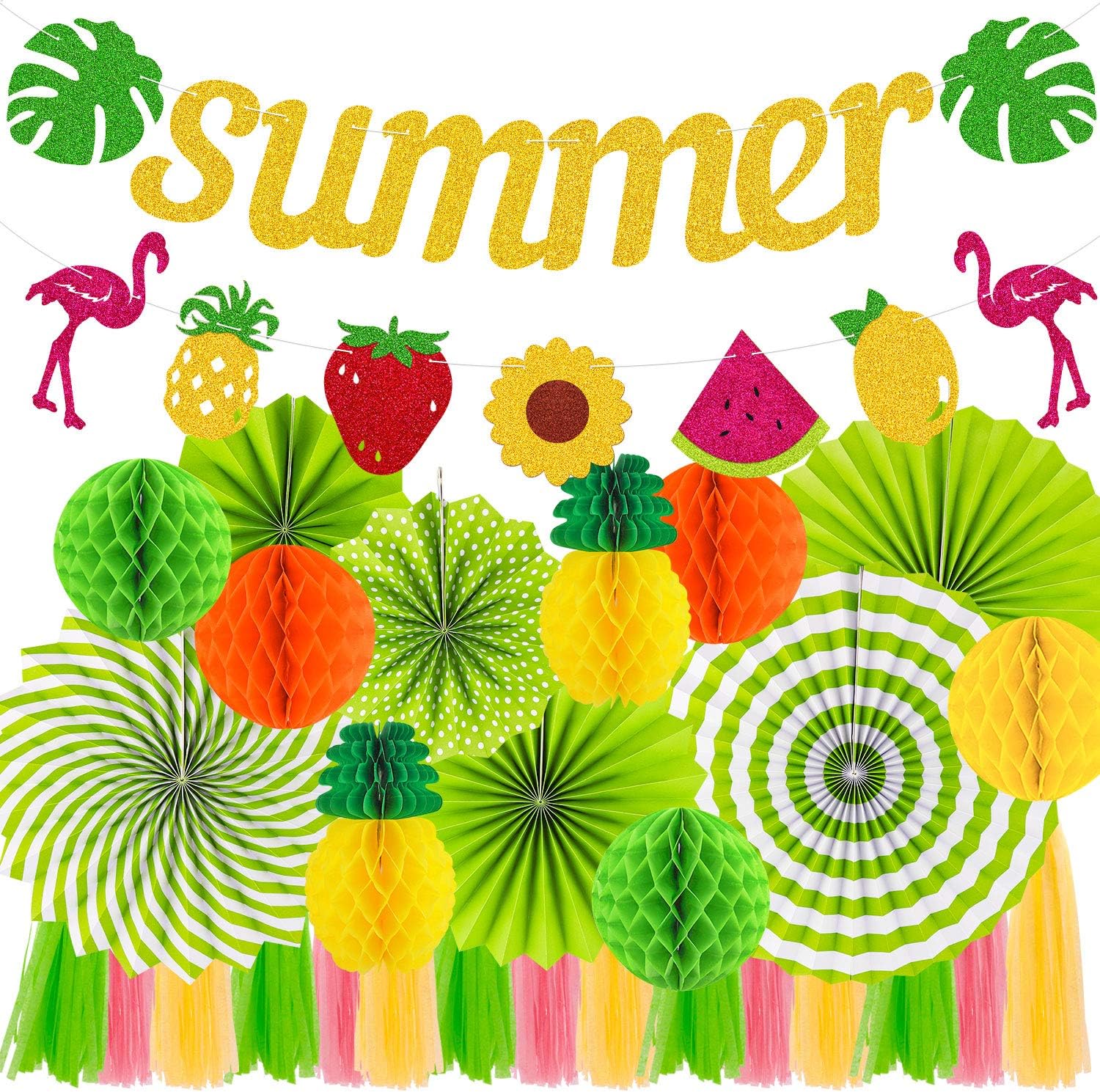 Yvokii Summer Party Decoration Set Summer Banner Flamingo Flower Fruits Garland Hanging Paper Fans Tassels For Hawaiian Luau Tropical Theme Birthday Wedding Beach Pool Barbecue Party Decoration Party Supplies Toys Games