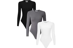 Chongbaijia 3 Piece Women's Crew Neck Long Sleeve Bodysuits T Shirts Body Suit Top