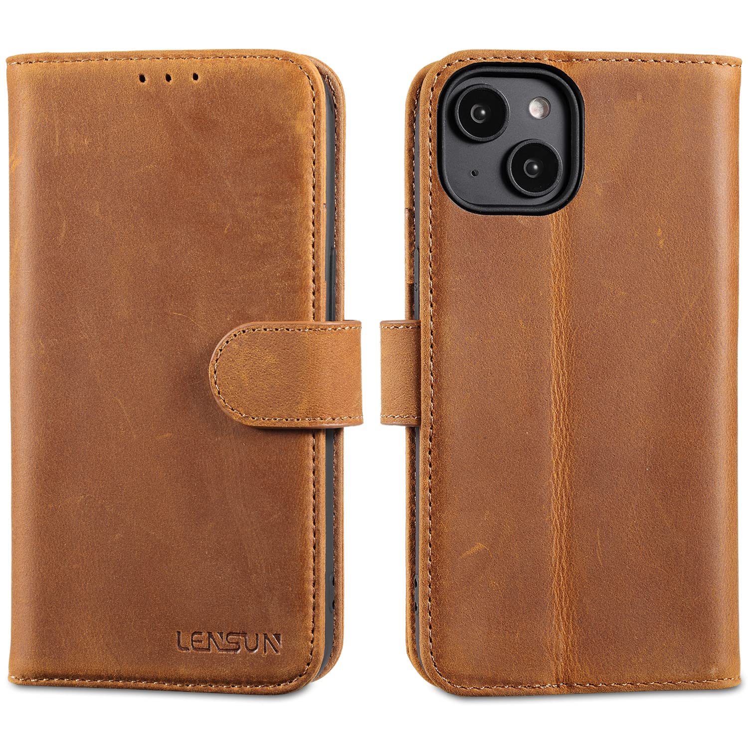 LENSUN Flip Case for iPhone 14, Genuine Leather Wallet Phone Cover [RFID Blocking] with Card Holder and Magnetic Closure Compatible with Apple iPhone 14 - Vintage Brown