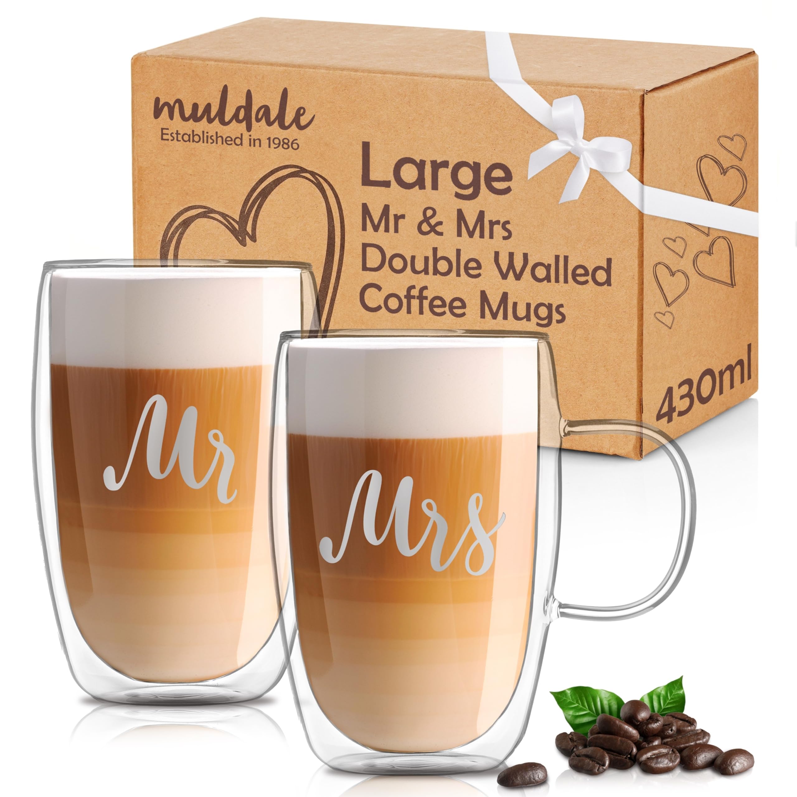 Muldale Mr and Mrs Mugs - Coffee Cup Set - Insulated Borosilicate Glass - 430ml His and Hers Large Latte Glasses - Wedding Gifts for Married Couples