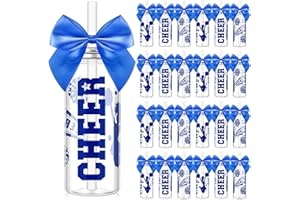 Teenyyou 24 Pcs Cheerleader Gift Bulk for Team Cheer Cups 14 oz Bow Water Bottle Plastic Cheer Tumblers with Lid and Straw for Cheerleader Sport Party Favor Senior Night Gift (Blue)