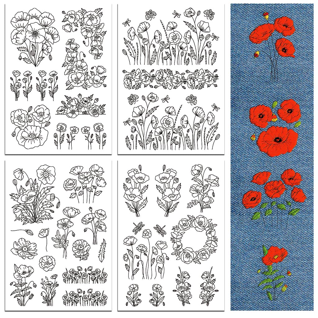 peacoblue Red Water Soluble Embroidery Patterns for Beginners 4 Sheets Papaver Rhoeas with 30pcs Patterns, Wash Away Stick and Stitch Dissolvable Embroidery Paper for Hand Sewing Lovers Women Adult โ image 1