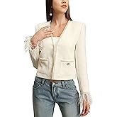 M.Infisavo Womens Tweed Cropped Jacket with Pockets, V-Neck Collarless Dressy Blazers Long Sleeve Feather Trim Dressy