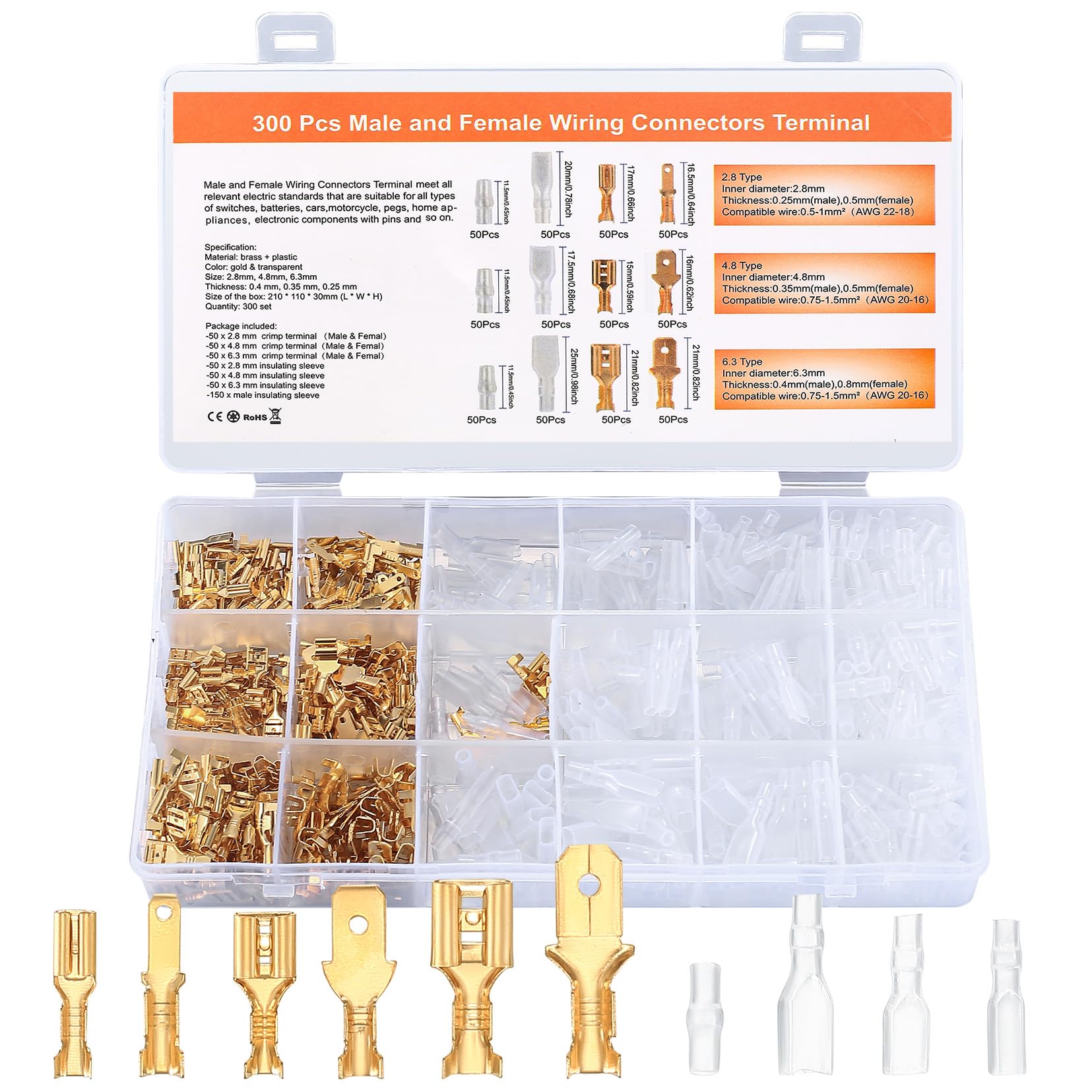 KOXXIAMOQ 300 Male Female Wire Spade Connectors, 2.8mm 4.8mm 6.3mm Electrical Wire Connectors, Wire Crimp Terminal Block Connector with Insulating Sleeves for Speaker Electrical Wire