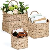 Set of 3 Wicker Hanging Baskets for Wall, Water Hyacinth Farmhouse Decor | Wall Mounted Storage Baskets for Farmhouse Decor, Doorway/Entryway Organization, Plants, Mail &amp; More