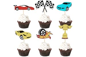 Cyodoos 24PCS Race Car Cupcake Toppers Sparkling Trophy Flag Racing Cake Selected Racing Theme, Car Theme Party Supplies Baby Shower Boy Birthday Party Cake Decoration Supplies