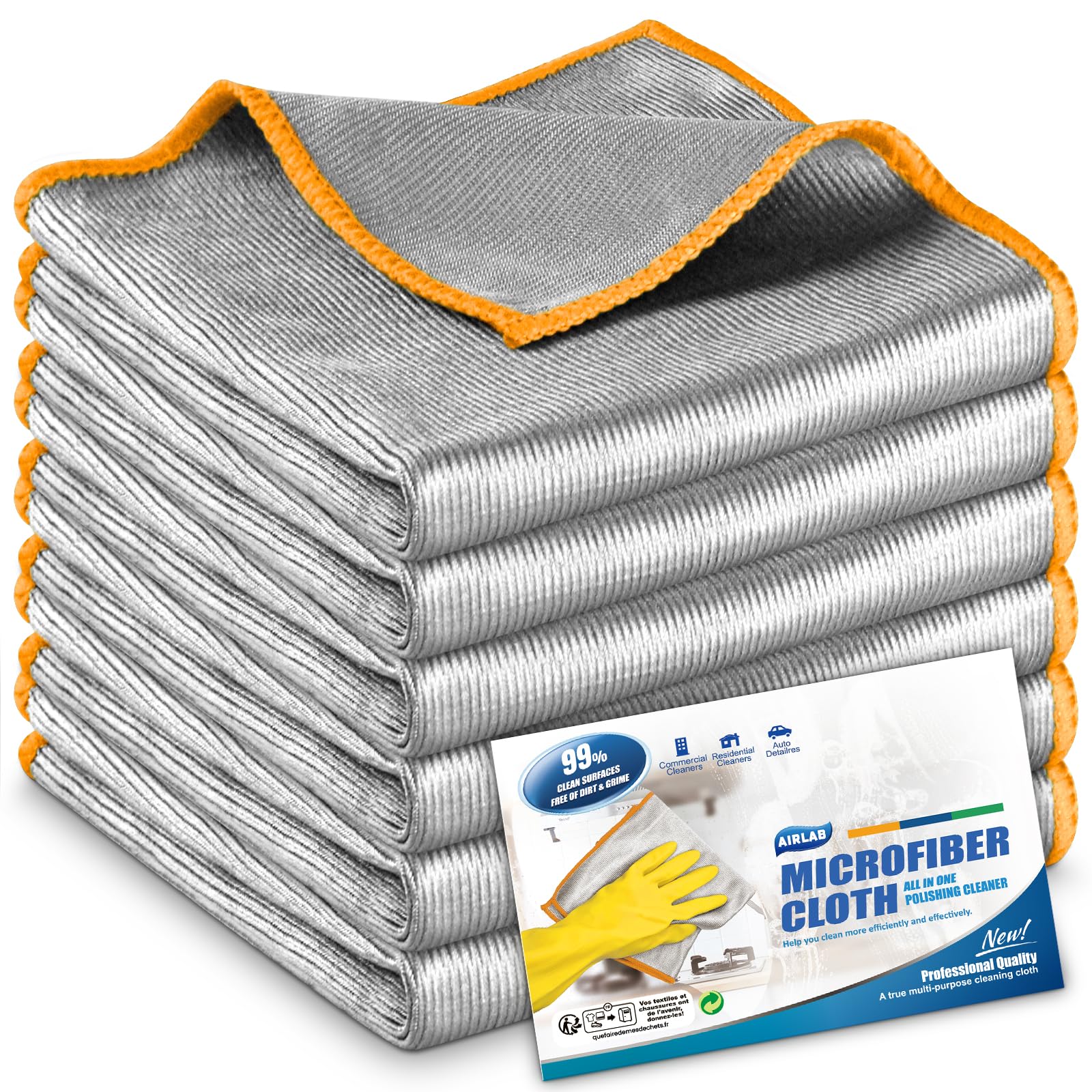 Airlab 6X Double-Sided Glass Cleaning Cloth, Reusable Kitchen Microfibre Towels Dish Cloths, Bathroom Drying Cloth, Washable Cloth Duster for Home, Surfaces, Mirrors, Car, Motorbike