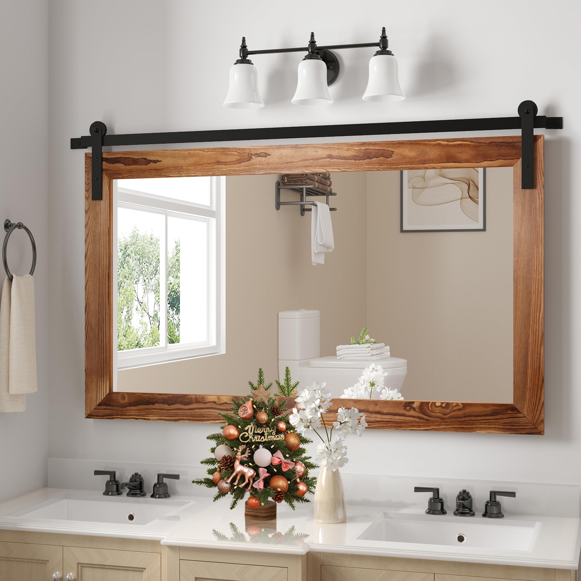 Photo 1 of **HAS DAMAGD CORNERS *** COGOOD Farmhouse Barn Door Mirror - 41" x 26" Rustic Wood Framed Wall Mirror for Bathroom, Living Room, Bedroom Wall Decor (Brown)