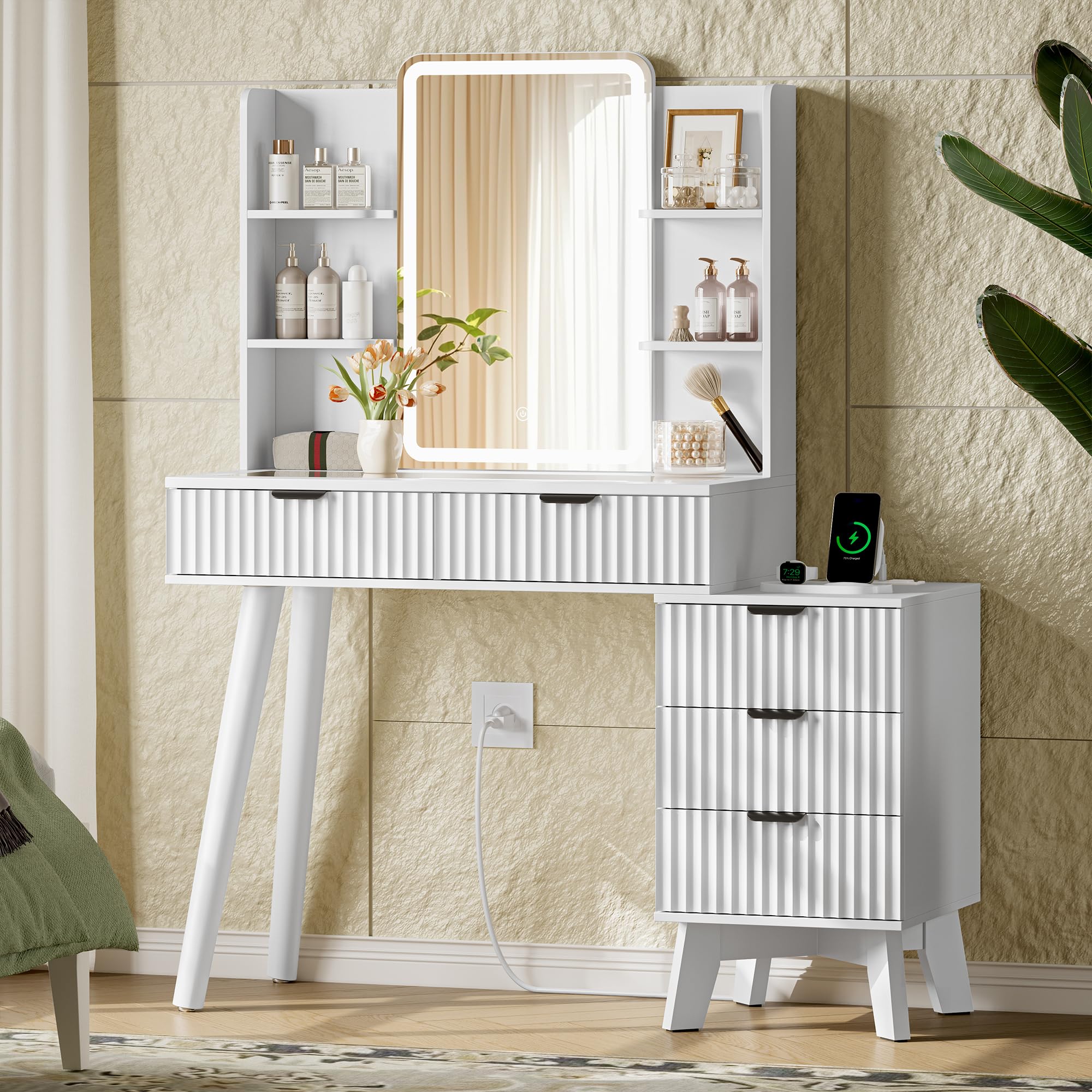 Vanity Desk With HD Lighted Mirror and Lights, Fluted Small Makeup Vanity with Storage Drawers & Shelves, Modern Dressing Table Set with Power Outlet & Glass Table Top for Women Girls Bedroom, White