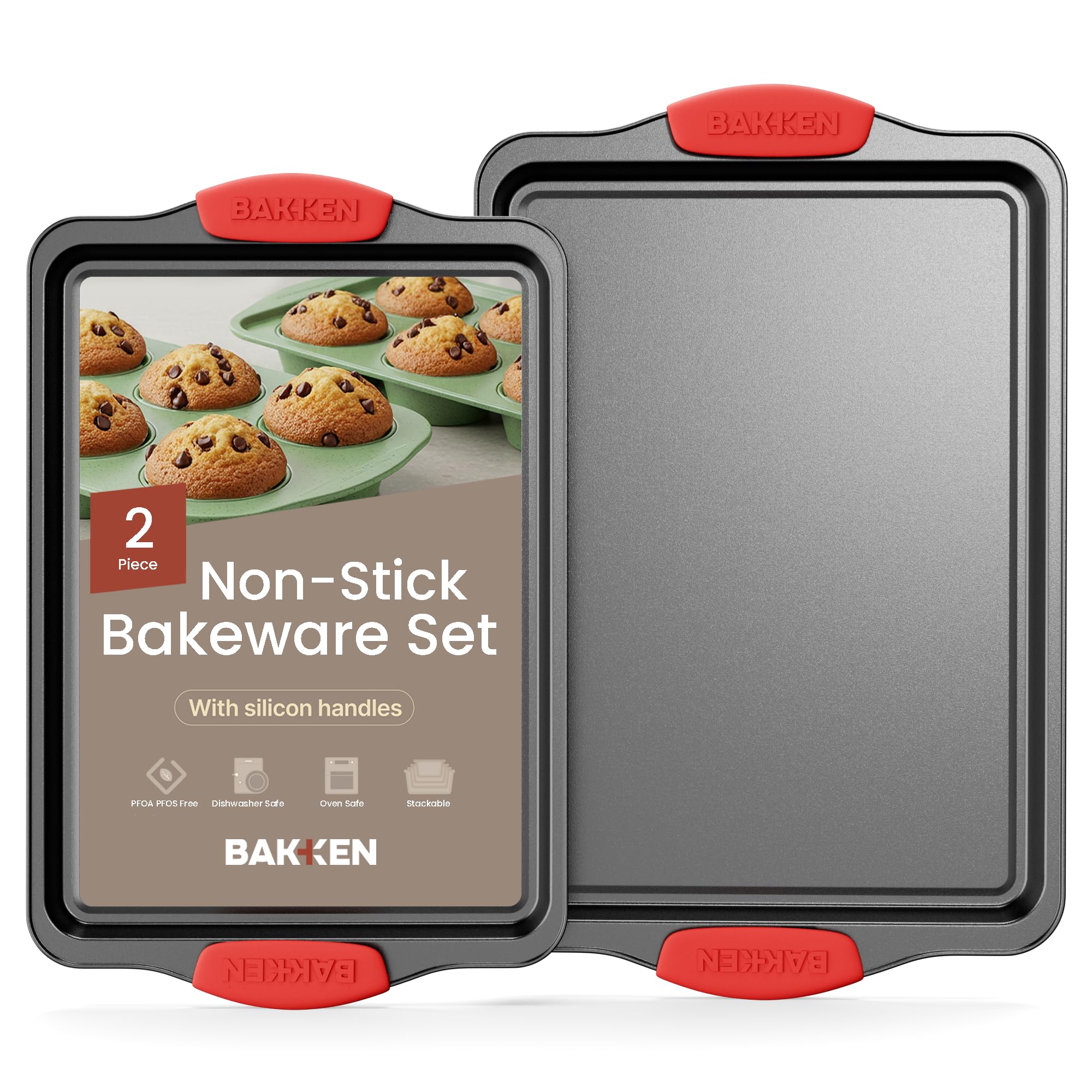 Photo 1 of 2 Piece Set Nonstick Carbon Steel Oven Bakeware -Professional Quality Kitchen Cooking Baking Trays -PFOA, PFOS, PTFE-Free Medium & Large Baking Sheet Pans with Red Silicone Handles