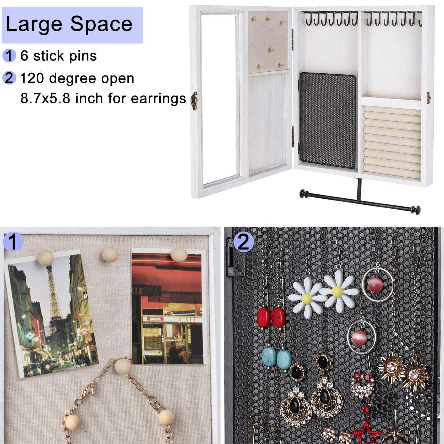 Keebofly Keebofly Wall Mounted Jewelry Organizer With Rustic Wood Large Space Jewelry Cabinet, Holder, Storage Box for Necklaces, Earrings, Bracelets, Ring Holder, and Accessories White