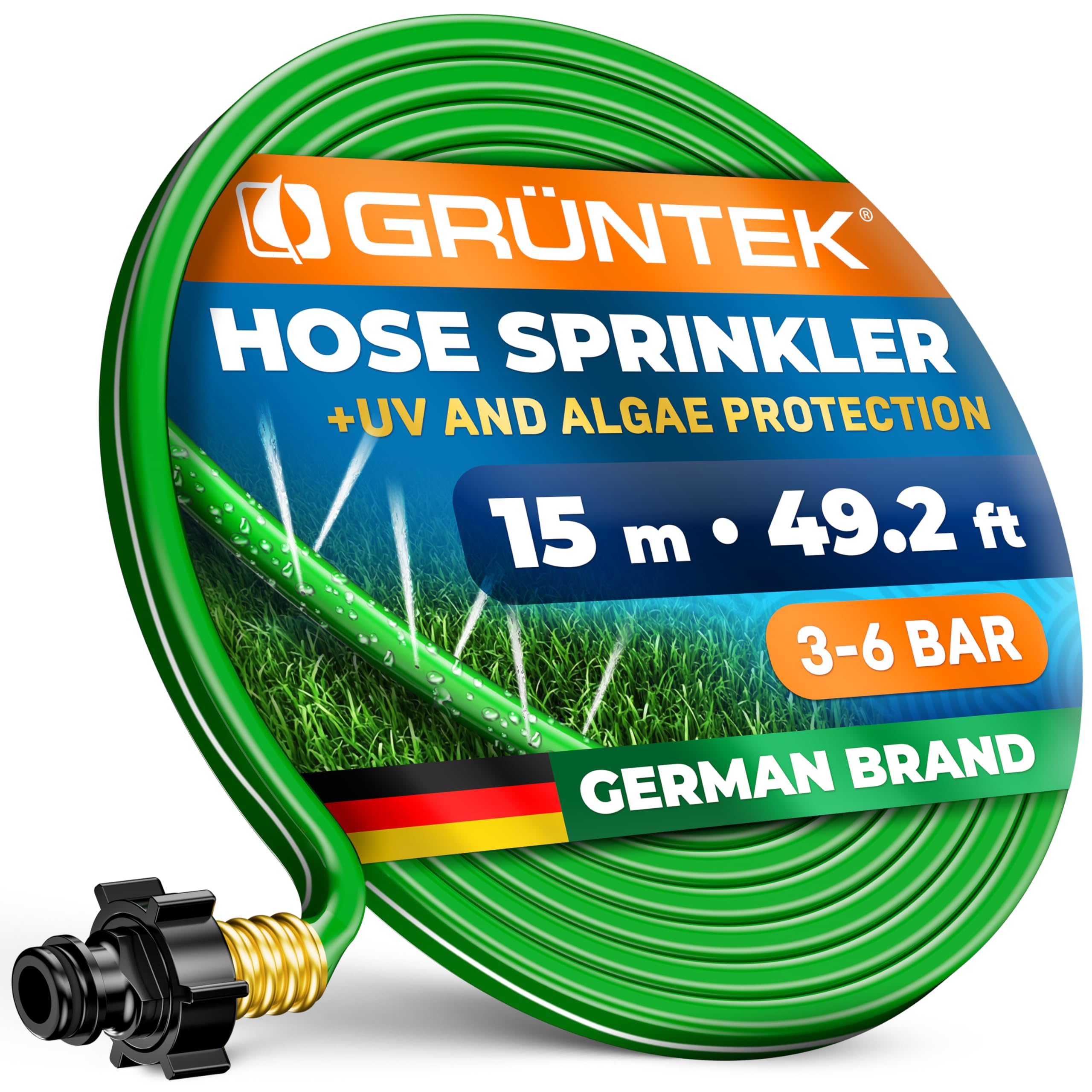 GRÜNTEK Hose Sprinkler 15m – 3 Water Channels | 4-5m²/m Irrigation Area | Weatherproof Brass Connector for Garden & Lawn Watering