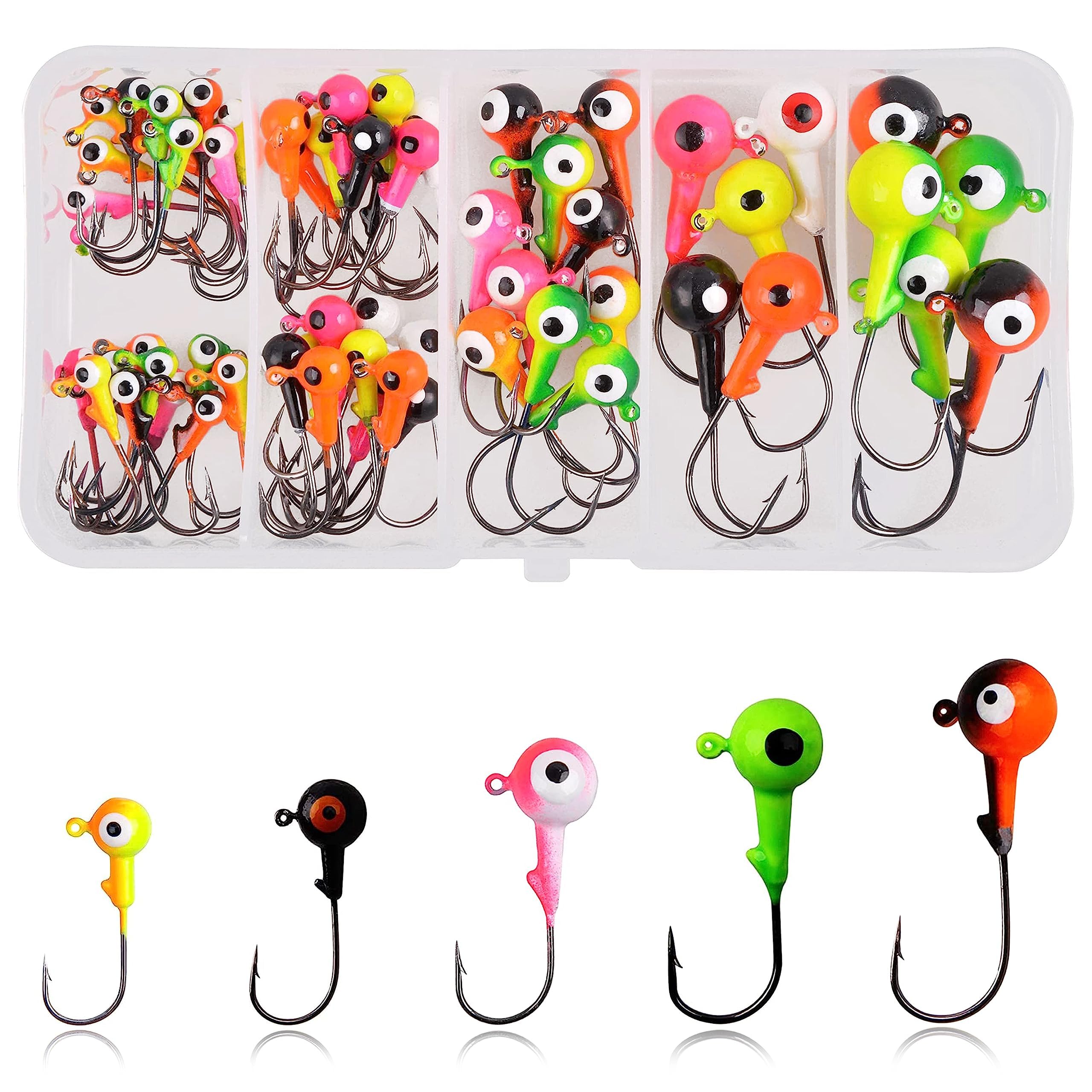 Fishing Jig Heads 60pcs Assorted Set – High Carbon Round Jig Head Hooks with 3D Eyes, Barb & Bait Holder 3/8oz 1/4oz 1/8oz 1/16oz 1/32oz for Bass, Crappie, Walleye – Saltwater & Freshwater