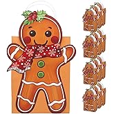 AllReal 12 Pcs Gingerbread Gift Bags Christmas Treat Bags with Handles Small Cute Kraft Paper Candy Cookie Goodie Bag for Xmas Gift Wrapping Winter NYE Holiday Party Favors Supplies