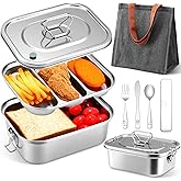 LemonRoad 304 Stainless Steel Bento Box for Adults Leakproof Metal Lunch Box Lunch Container with Bag, Utensil Set, Lid, 3-compartment Tray 1800ml Food Storage Container for Travel Office