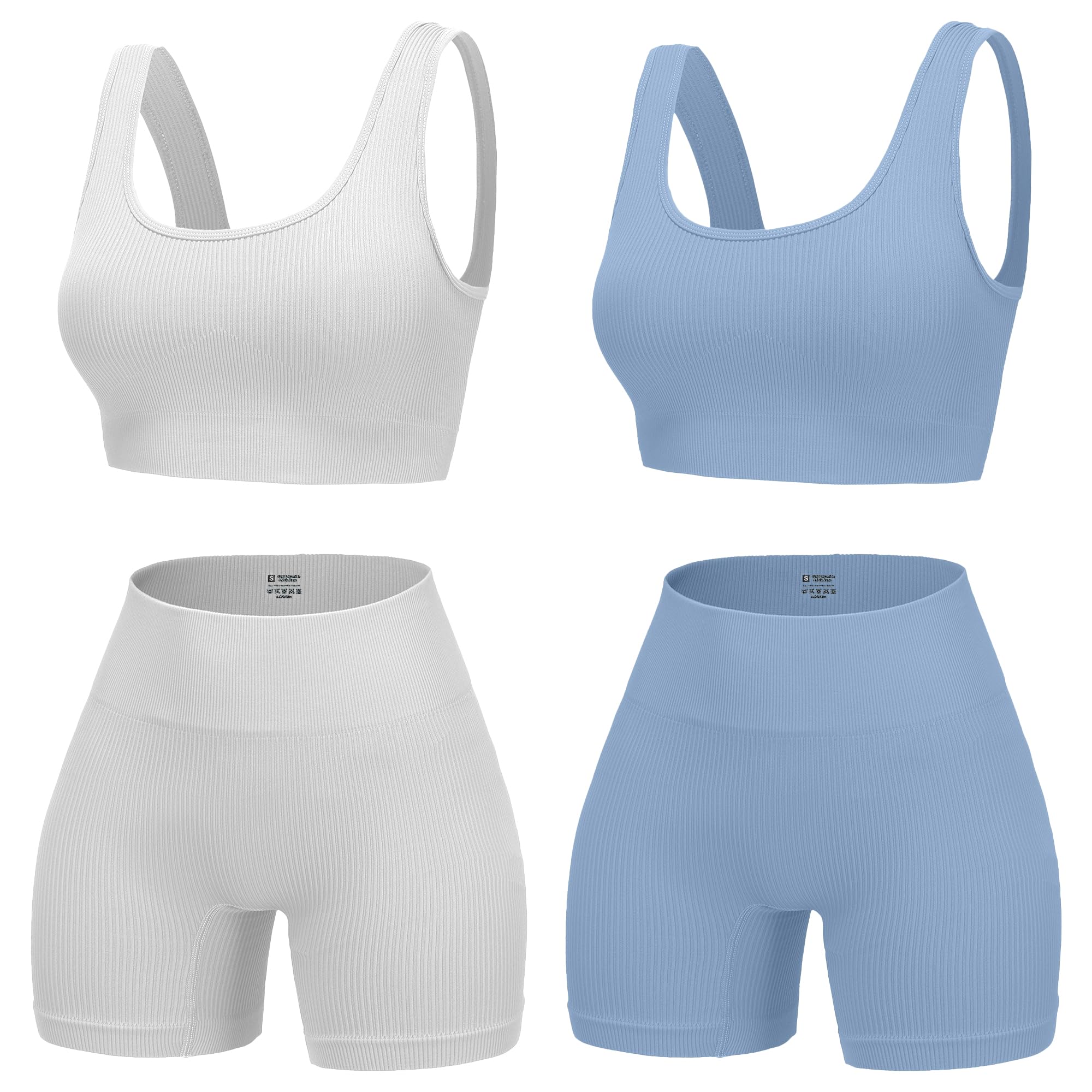 Photo 1 of (SMALL) (BAGGED) YWBIN 4 Piece Workout Sets for Women Seamless Ribbed High Waist Yoga shorts with Sports Bra Outfits, S
