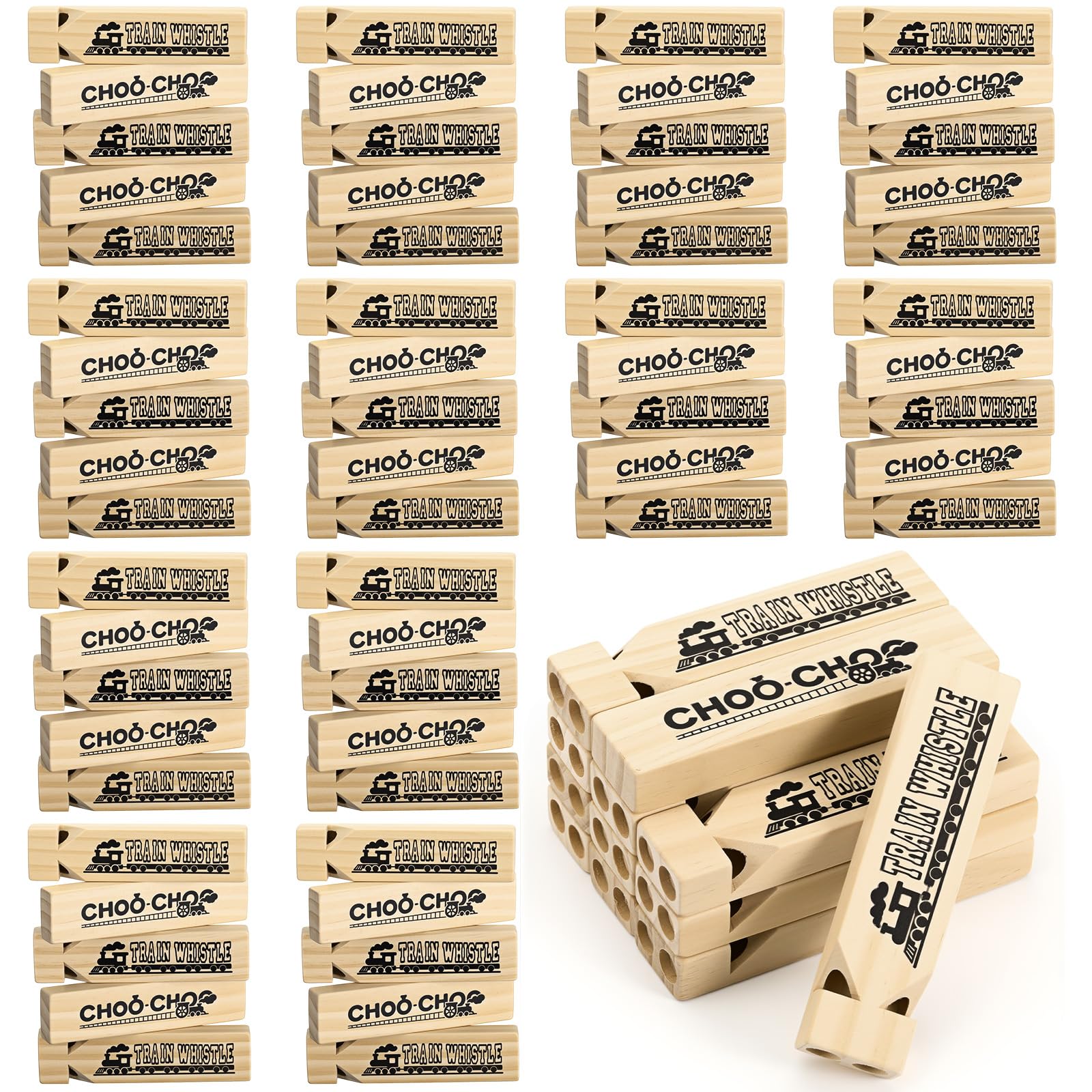 Photo 1 of Soulchen 60 Pcs Wooden Train Whistles, Wood Train Whistles Toys for Adult Theme Birthday Decorations Favors Noisemakers Goodie Bag Filler Game Prizes Stocking Stuffers Carnival Prize