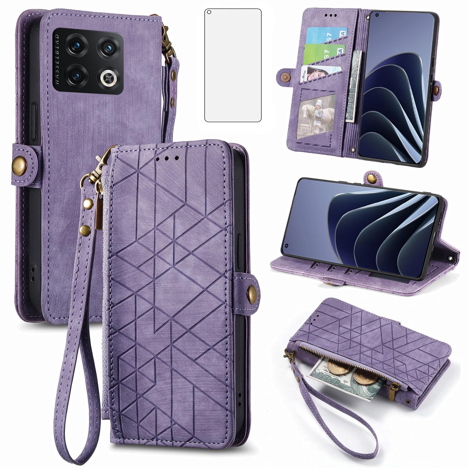 Asuwish Phone Case for OnePlus 10 Pro One Plus 10Pro 5G Wallet Cover with Tempered Glass Screen Protector and Flip Zipper Credit Card Holder Stand Cell On 1Plus 1 + Plus10 1+ Pro Ten Women Men Purple